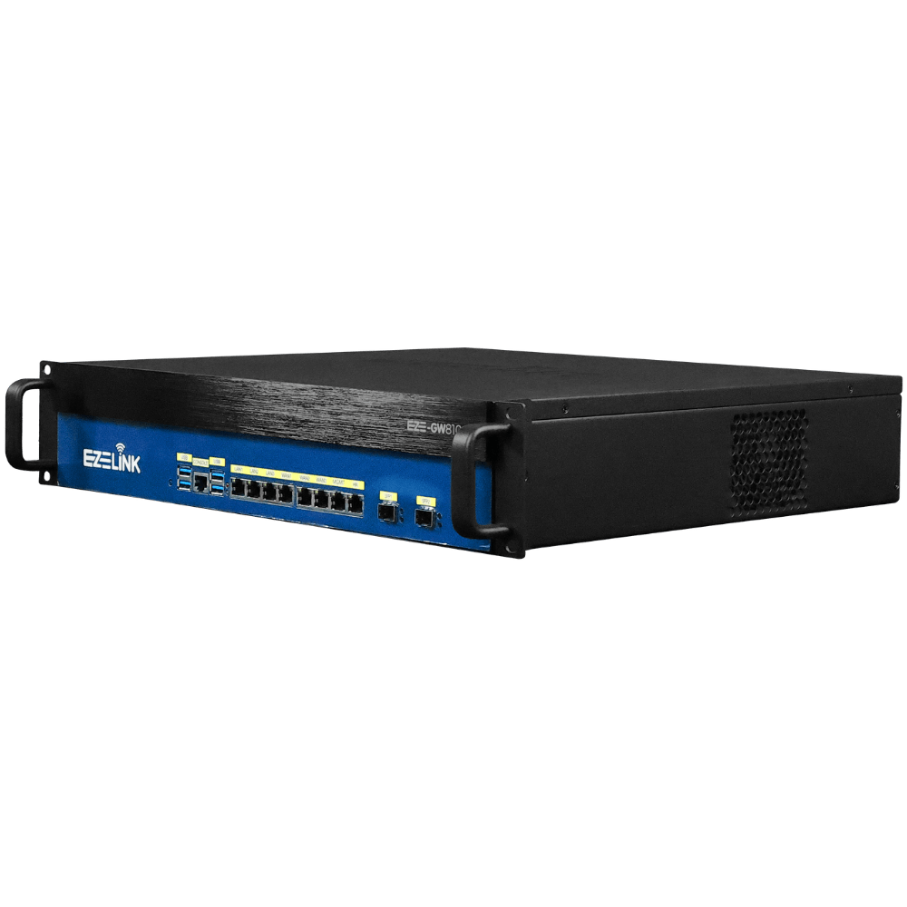 EZE-GW810 angled view showing 2U chassis and rack handles