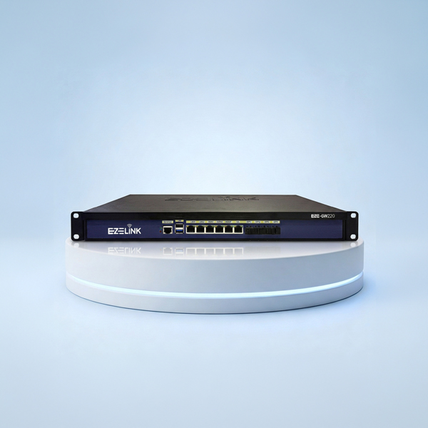EZE-GW220 front panel showing LAN, WAN, MGMT, HA and SFP+ ports