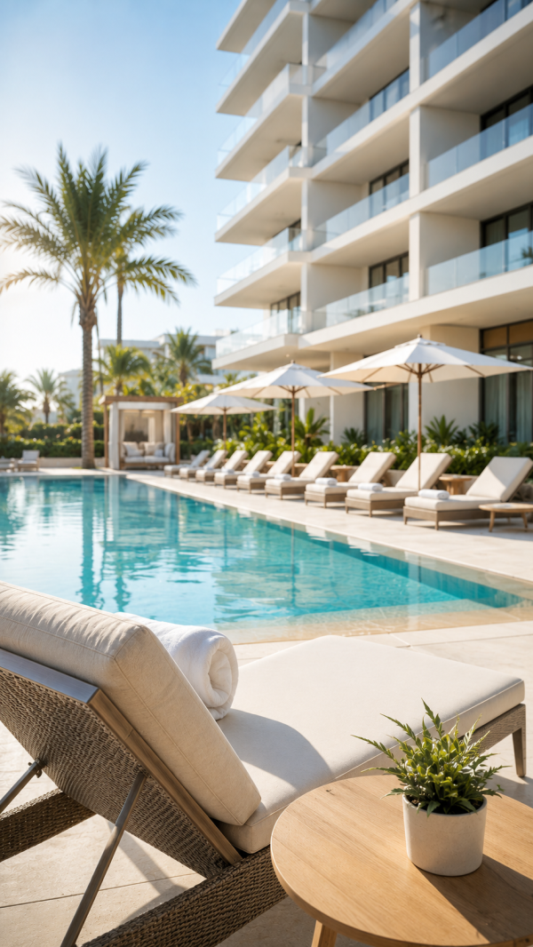 Poolside guest area at a Dubai beach resort covered by EZELINK hotel WiFi