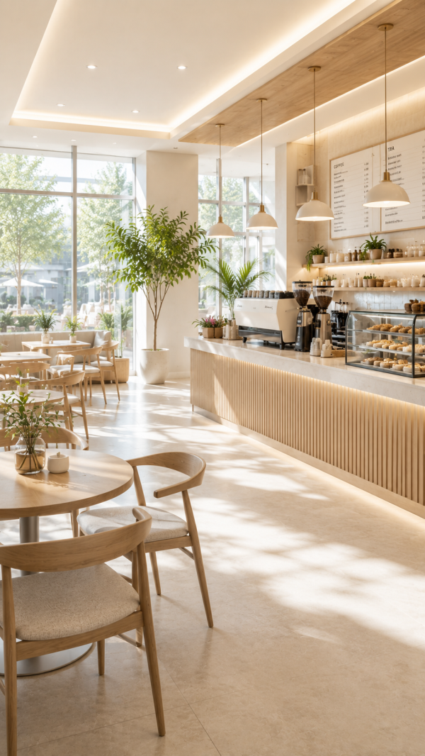 Modern café interior with guest WiFi seating and counter service