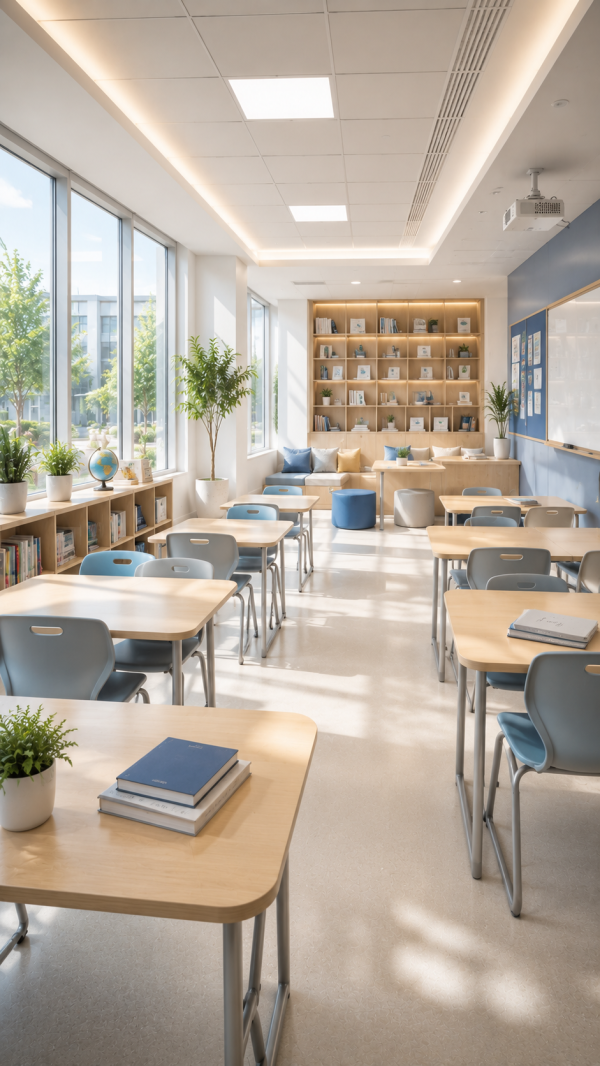 Bright school classroom with connected devices on campus WiFi