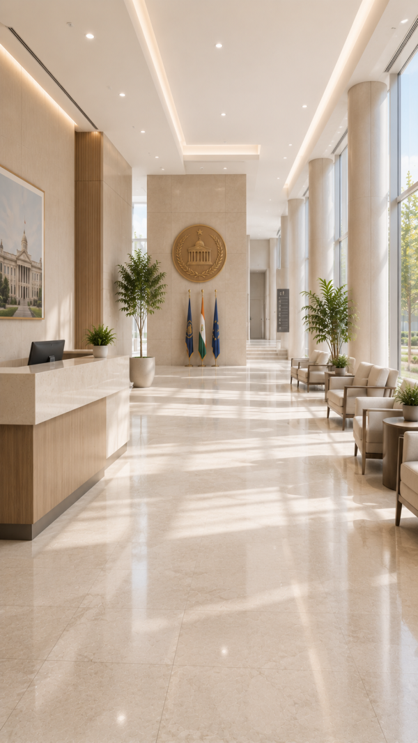 Government building reception hall with secure public-sector connectivity