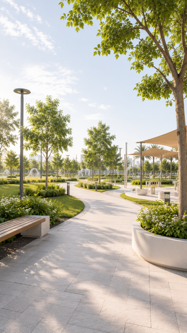 Landscaped public park with outdoor WiFi along the walkway