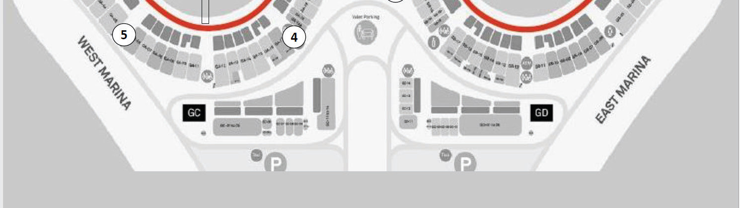 Site plan of The Pointe showing west and east marina entrances and gate positions