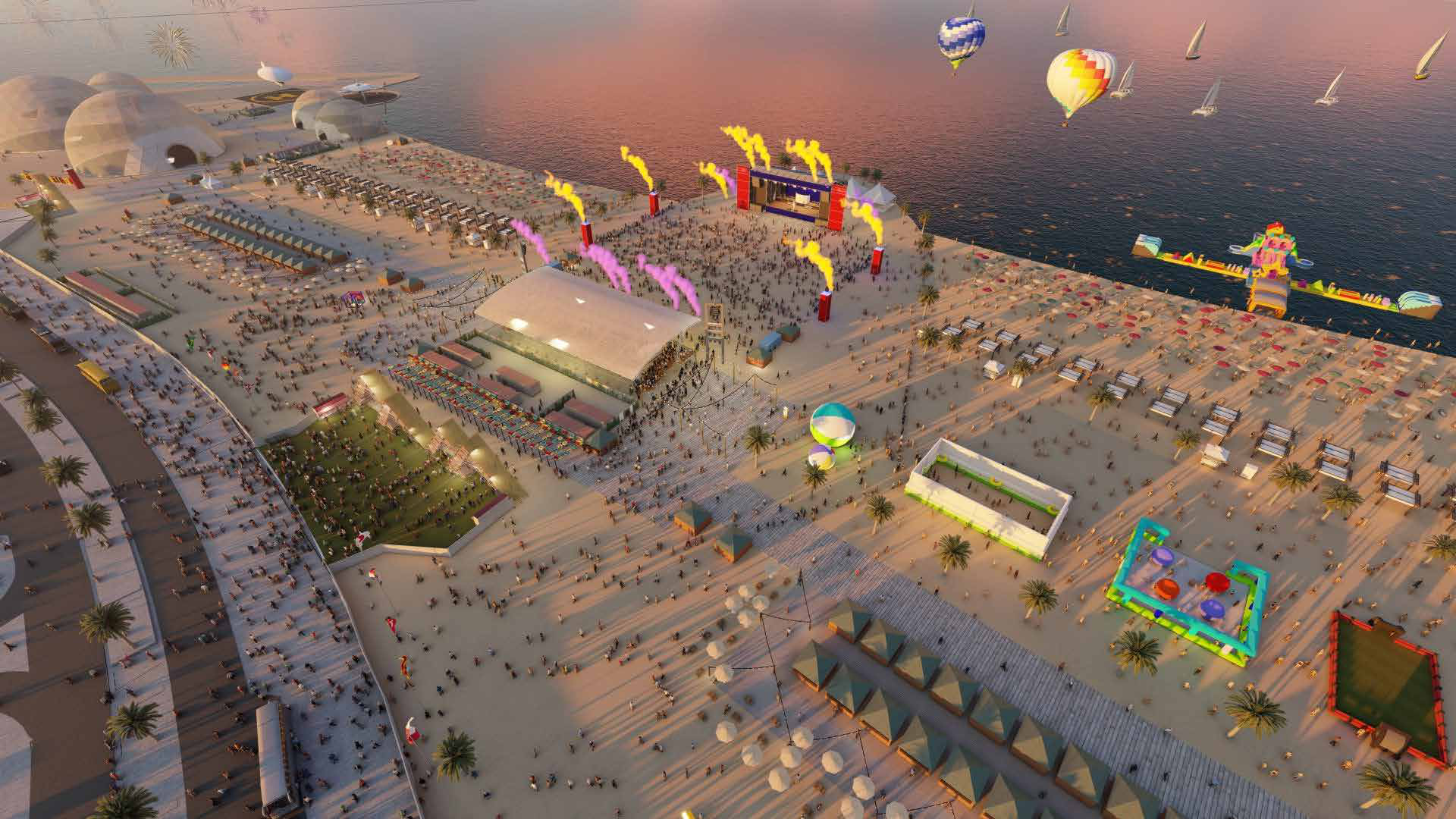 Aerial visualisation of a waterfront fan zone with stages, seating areas and activity zones