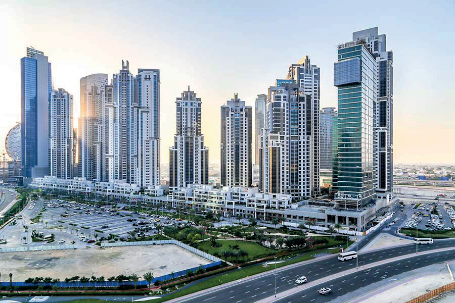 Aerial view of Bay Avenue and the Executive Towers community in Business Bay, Dubai