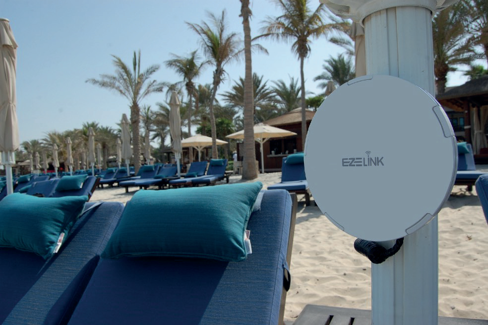 EZELINK weatherproof outdoor access point on the beach at Madinat Jumeirah among sun loungers