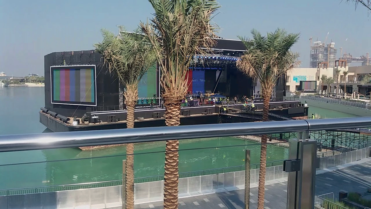Floating concert stage on the water at The Pointe, Palm Jumeirah, during setup