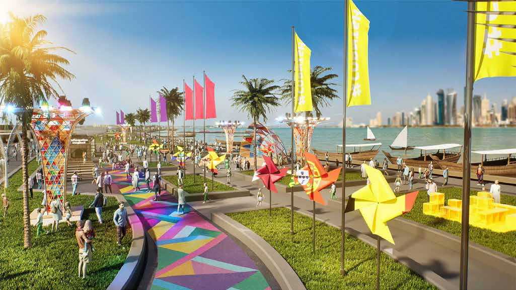 Visualisation of a waterfront corniche fan zone with flags and walkways, Doha skyline behind